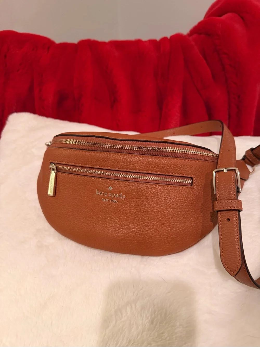 Kate Spade Cognac Pebbled Leather Crossbody Belt Bag w/ gold trim - Picture 2 of 9